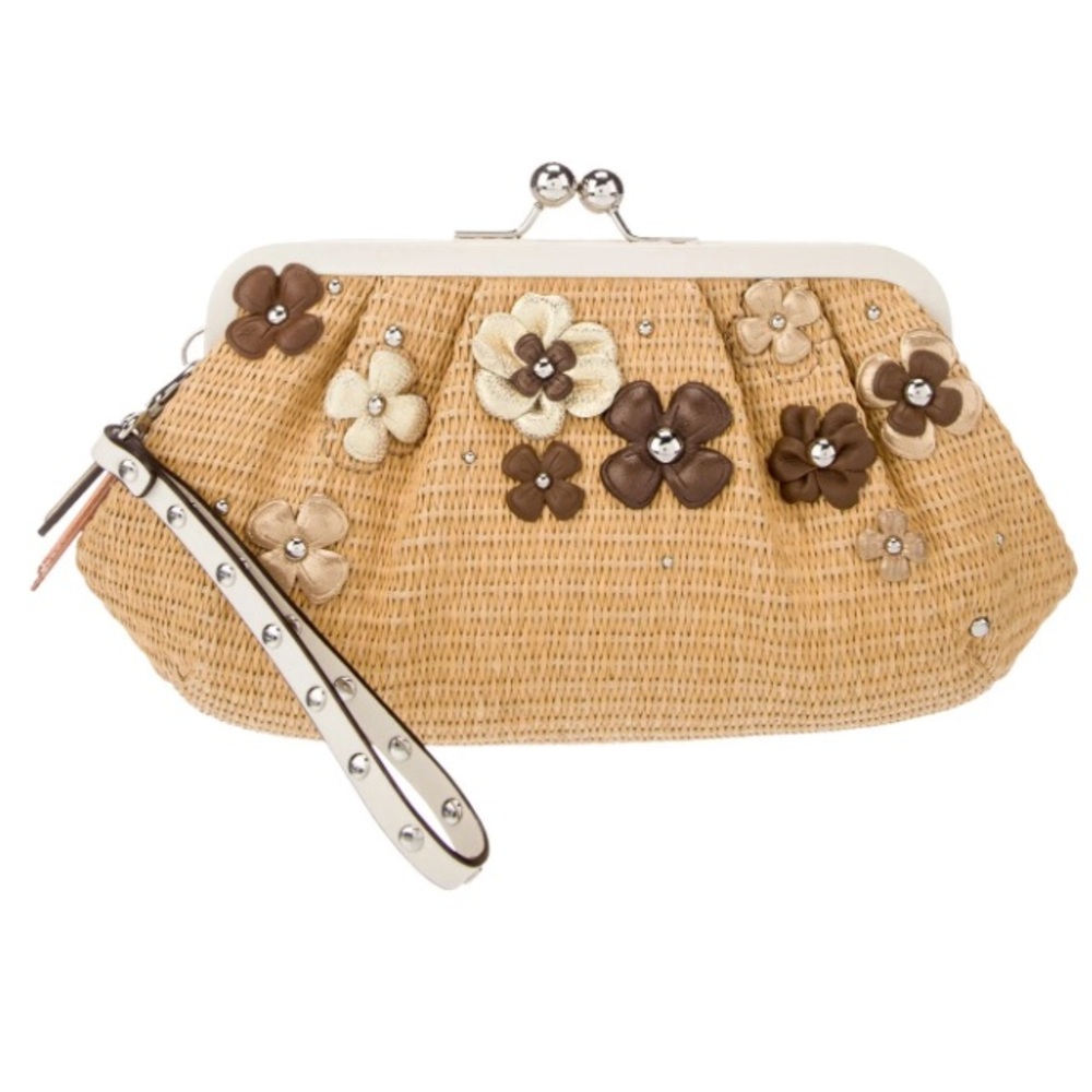 Coach Tan Straw Floral Appliqué Wristlet with Cream Trim - Picture 2 of 16